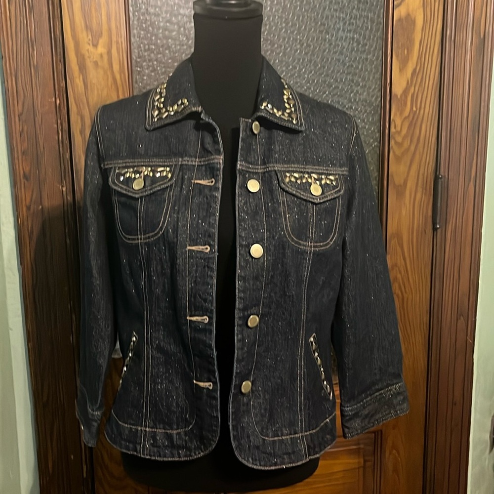 Blue denim jacket with gold glitter and gold hardware
